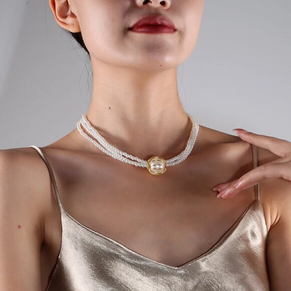 3/$35 Elegant Multi-Strand Faux Pearl Choker Vintage Style Gold Ball Bead Bride - Picture 10 of 10